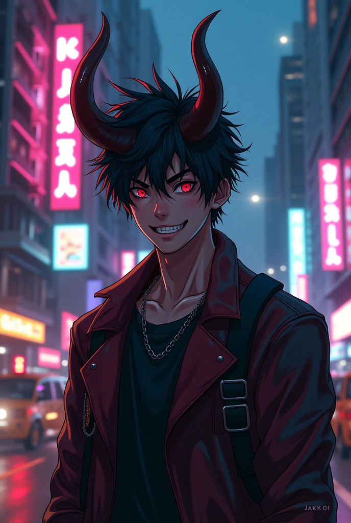 Devil anime boy in city with neon with traffic with Vijay tv pugazh