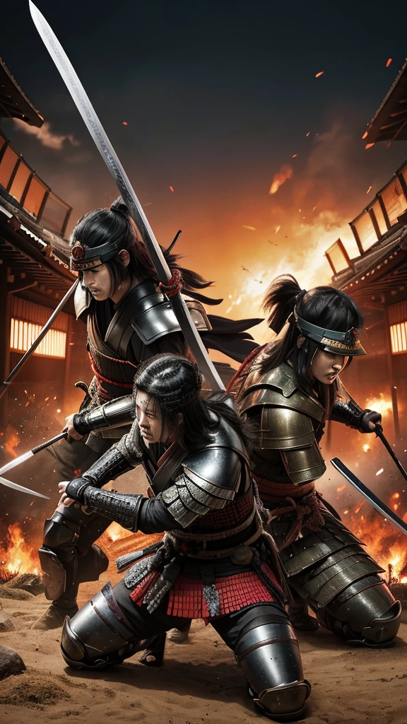 Samurai army of the Sengoku period in Japan,Multiplayer,Armor,Tens of thousands of enemy soldiers,Wearing hakama and armor、Holding a sharp sword,The battlefield is in chaos,The warriors defeated the enemy one after another.々&quot;,In the background、Ravaged Battlefield,Highest quality, High resolution, Textured skin, Grit your teeth, dynamic,Uplifting