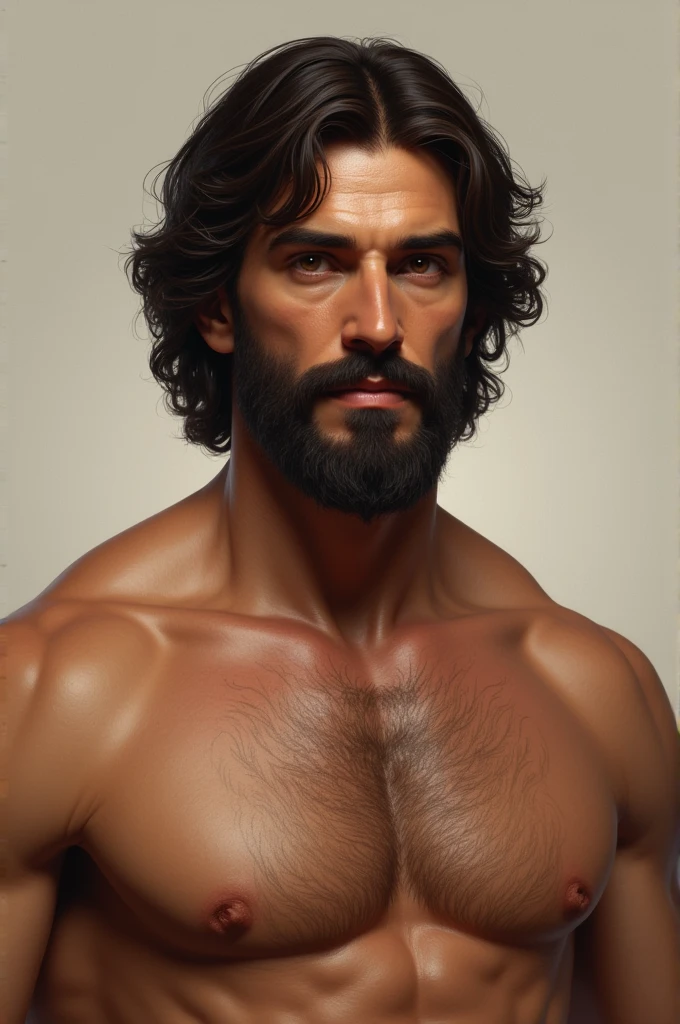 jesus, brunette skin, short, curly, dark brown hair, short beard, eyes browns, strong facial features, and an average height of about 1,65 meters, with robust physical appearance.
