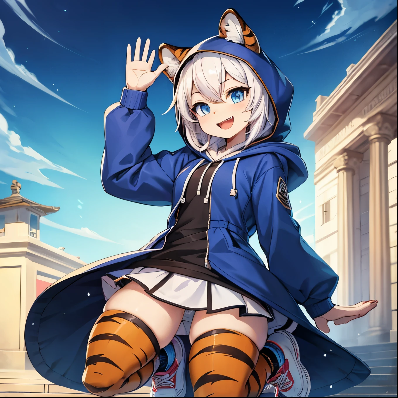 Best quality, best resolution, stylized anatomy, an anime character dressed as a tiger, waving, 1 girl, tail, alone, hood, animal ears, blue eyes, thighs, full body, shoes, smile, tiger tail, hooded , animal hood, white hair, dress, jacket, open mouth, tiger ears, looking at viewer, white shoes, long sleeves