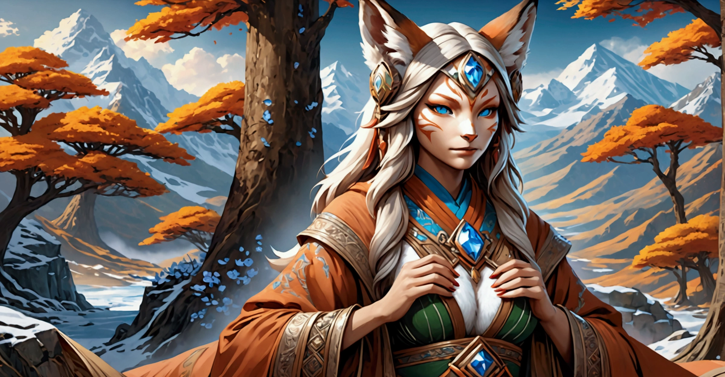 Anthropomorphic feminine kitsune enchantress. Official Art – An Award-Winning Digital Masterpiece In 4K Ultra HD, Extreme Detail And Intricate Realism. Symmetrical Face. This Concept Art Brought To Life By The Hands Of Artists Like Wlop & Artgerm In A Stunning 2D Vector Illustration. Background Is A Panoramic Vista.

