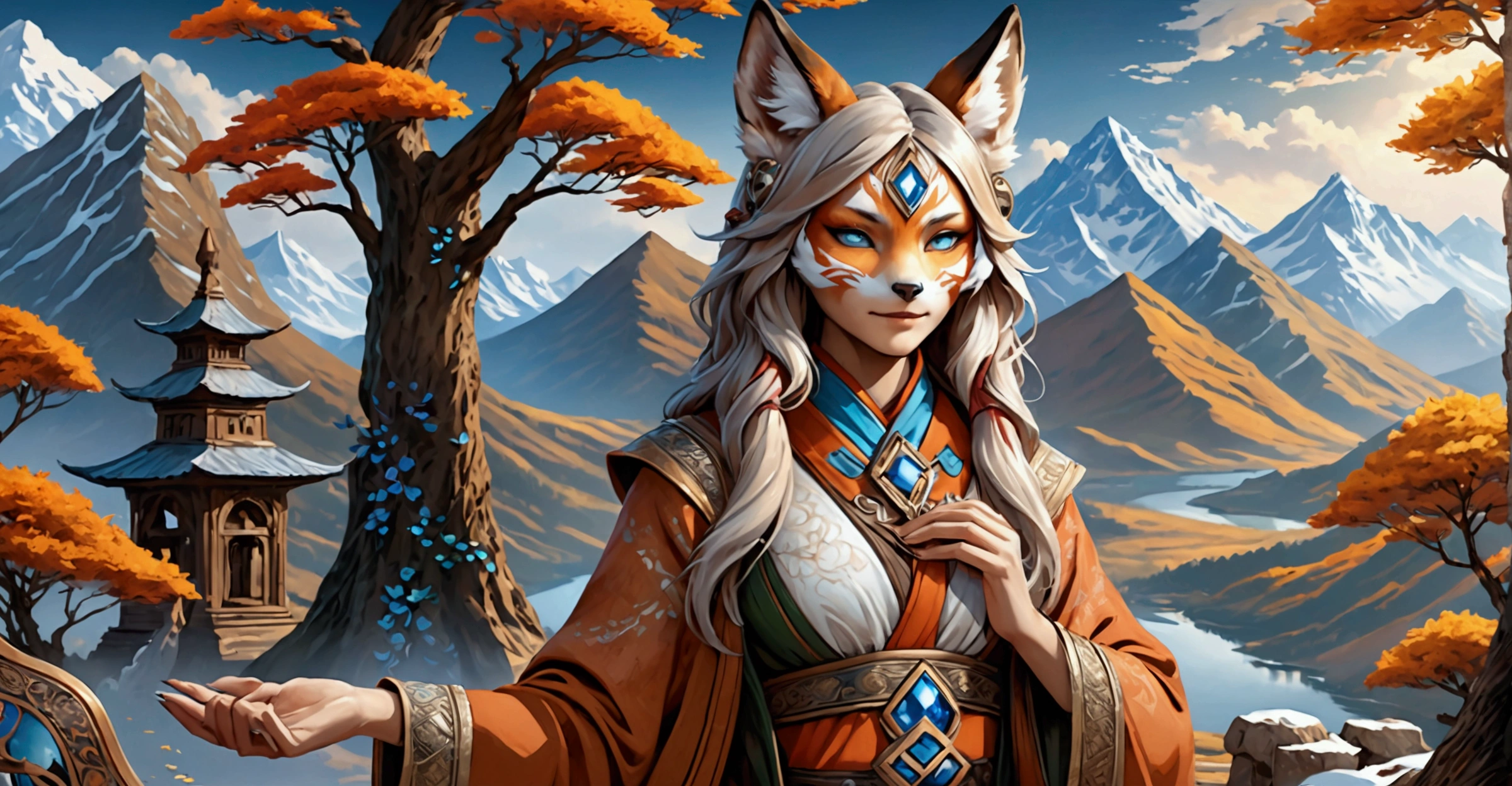 Anthropomorphic feminine kitsune enchantress. Official Art – An Award-Winning Digital Masterpiece In 4K Ultra HD, Extreme Detail And Intricate Realism. Symmetrical Face. This Concept Art Brought To Life By The Hands Of Artists Like Wlop & Artgerm In A Stunning 2D Vector Illustration. Background Is A Panoramic Vista.
