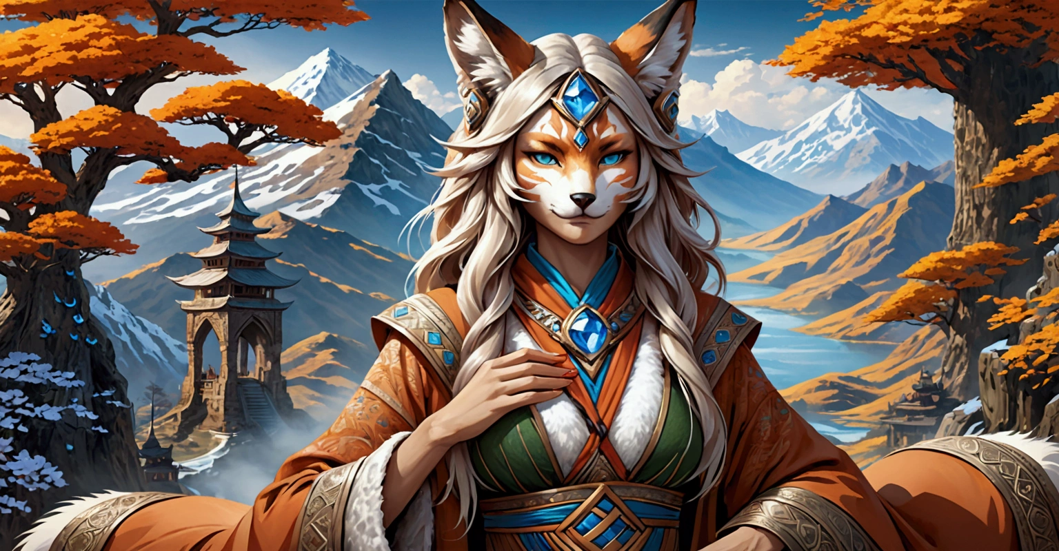 Anthropomorphic feminine kitsune enchantress. Official Art – An Award-Winning Digital Masterpiece In 4K Ultra HD, Extreme Detail And Intricate Realism. Symmetrical Face. This Concept Art Brought To Life By The Hands Of Artists Like Wlop & Artgerm In A Stunning 2D Vector Illustration. Background Is A Panoramic Vista.
