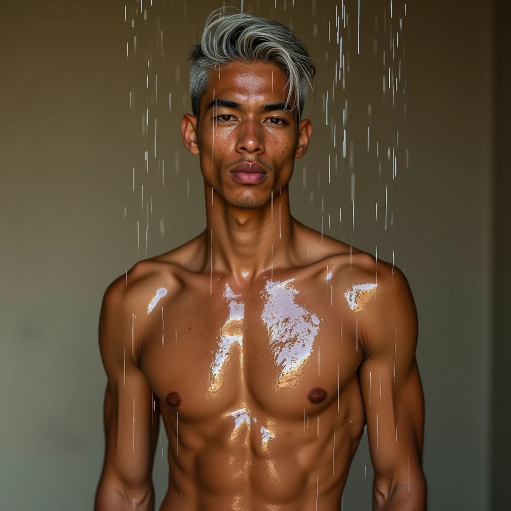 Behold a fashion editorial photo shoot featuring a photogenic and charming young male supermodel, 18-2 mixed of Latino and Japanese, a symmetric young face adorned with natural blemishes and freckles, he boasts short salver hair, and a natural olive skin tone that embodies youthful, stands confidently under a rain, emphasizing the texture and sensuality of the skin, dripped water across his body creating glistening lines that highlight the model's muscular definition. Inspired by erotic photography of artists like Terry Richardson, this image blends elements of both fashion and fine art. posture is powerful and confident, full naked body, sexy pecs, (flaccid cock). His skin appears and slightly sweat, enhancing the sheen and highlighting the play of light on his defined body, smooth skin, The lighting is warm and direct, likely from a strong artificial source such as a studio soft-box, casting an even glow across the skin while creating minimal shadows to enhance the reflective quality of the water. The background is simple and neutral, ensuring all attention is focused on the model’s body and the intriguing textures created by the liquid cascading over his body. The atmosphere is both sensual and bold, giving off a sense of both allure and strength, as the contrast between the soft flowing liquid and the male body structure plays against each other beautifully, NSFW, naked man by Steven Klein, naked body, ensuring the focus remains on the details of the skin and the liquid. A macro or medium-range lens (such as an 85mm) would work well to capture this level of detail, ensuring the model's skin textures and the fluid's glossy trails are in sharp focus while keeping the image tight and visually striking. The inspiration for this type of image draws from the desire to mix the erotic with the artistic, capturing moments that celebrate the human form in a sensual, intimate, yet powerful way. focusing on details such as the interplay of light, texture, and composition.