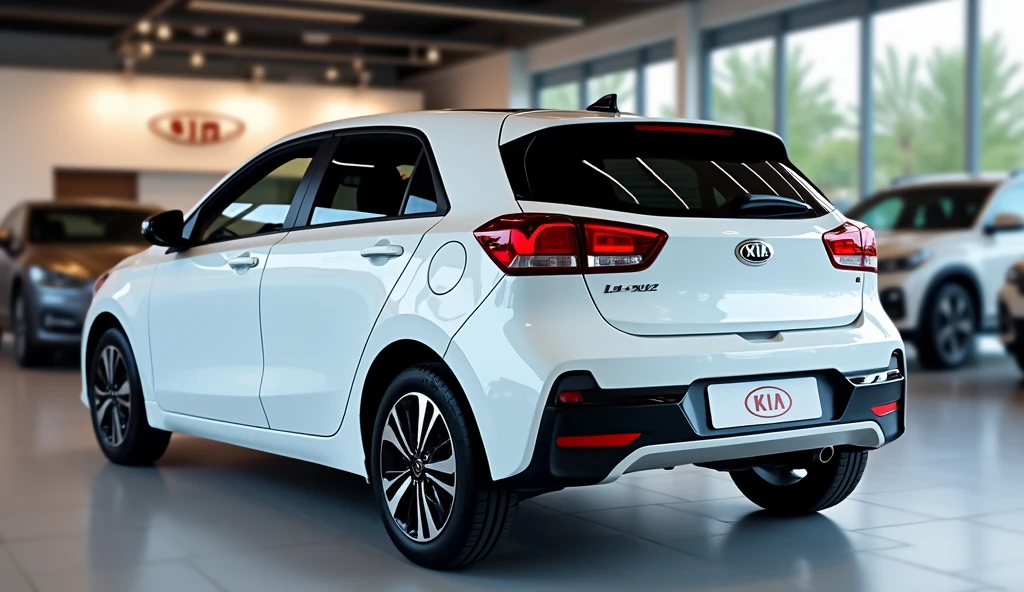 Give me a competative image of a ( Kia Rio ) ( White ) back view in showroom