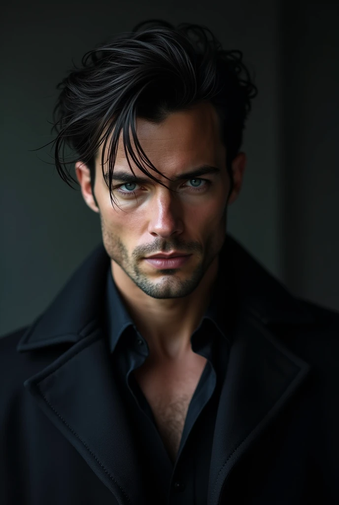 man in his 30s, with an angular and defined face, prominent cheekbones and a firm jaw. His eyes are a deep blue. His hair is dark and disheveled, with locks that fall unruly over his forehead.Dress dark and elegantly, with clothes that enhance her athletic figure.