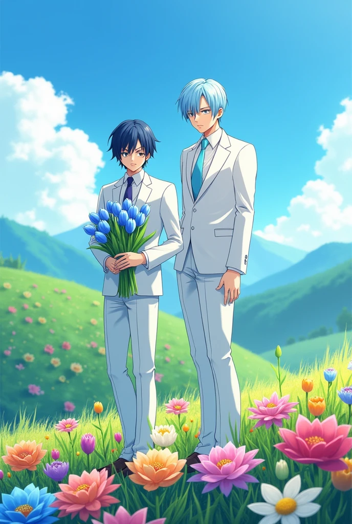 Create an anime one piece type image, with two men dressed in white suits, on a hill full of flowers, the tallest man who has navy blue hair down to his ears and the other light blue hair and who has a bouquet of blue tulips