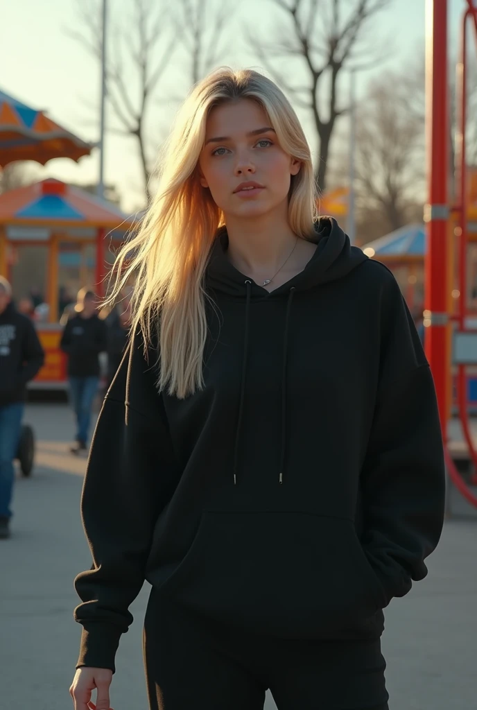 cinematographic scene of a beautiful adult blonde girl with a black hoodie and a black jogger in an amusement park very realistic 4k image