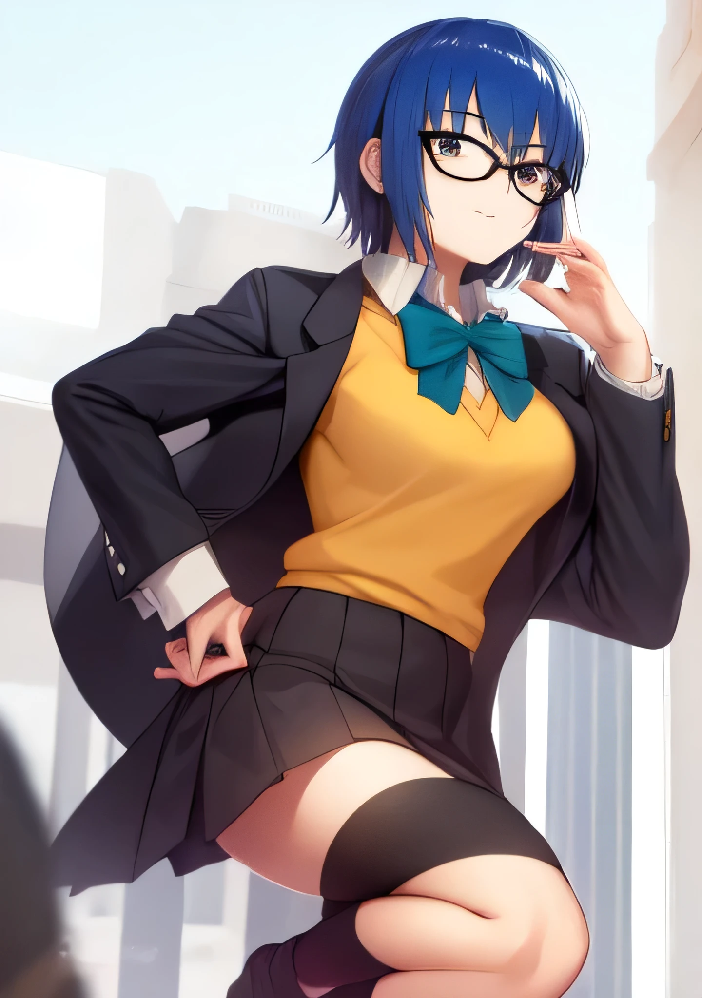 ciel_(tsukihime), 1girl, black jacket, blazer, blue hair, blurry, bow, bowtie, building, cloud, collared shirt, day, depth of field, fence, from side, glasses, green bow, green bowtie, jacket, looking at viewer, school uniform, shirt, short hair, sky, solo, standing, (full body:1.5), from below, vest, white shirt, yellow vest, outdoors, smile, black-framed eyewear, open clothes, blue sky, closed mouth, long sleeves, tree, open jacket, blue jacket, breasts, arms behind back, yellow cardigan, uniform, pocket