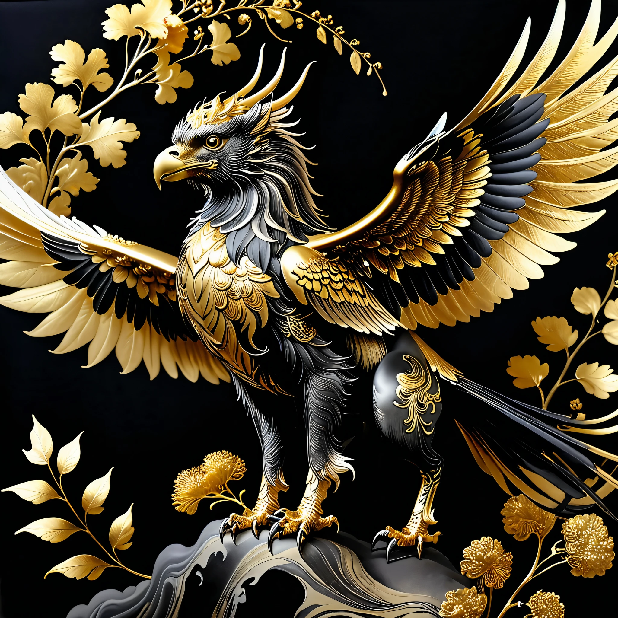 ,gold leaf art, makie, gold ink art, 
four-legged fantasy creature, beautifully intricate ((Griffin)) delicately drawn with a brush, using only sumi ink, Envision the graceful strokes capturing the elegance of the Griffin's feathers, with the rich black ink bringing out the fine details, Emphasize the beauty and delicacy of the Griffin's features, utilizing the simplicity of sumi ink to convey the essence of this majestic four-legged
fantasy creature, creating a visually stunning representation of a Griffin expressed solely through the artistry of black ink on paper, line art, LineAniAF, oil paint, Flora, Obsidian_Gold  ,score_9, score_8_up, score_7_up, score_6_up, score_5_up, score_4_up,