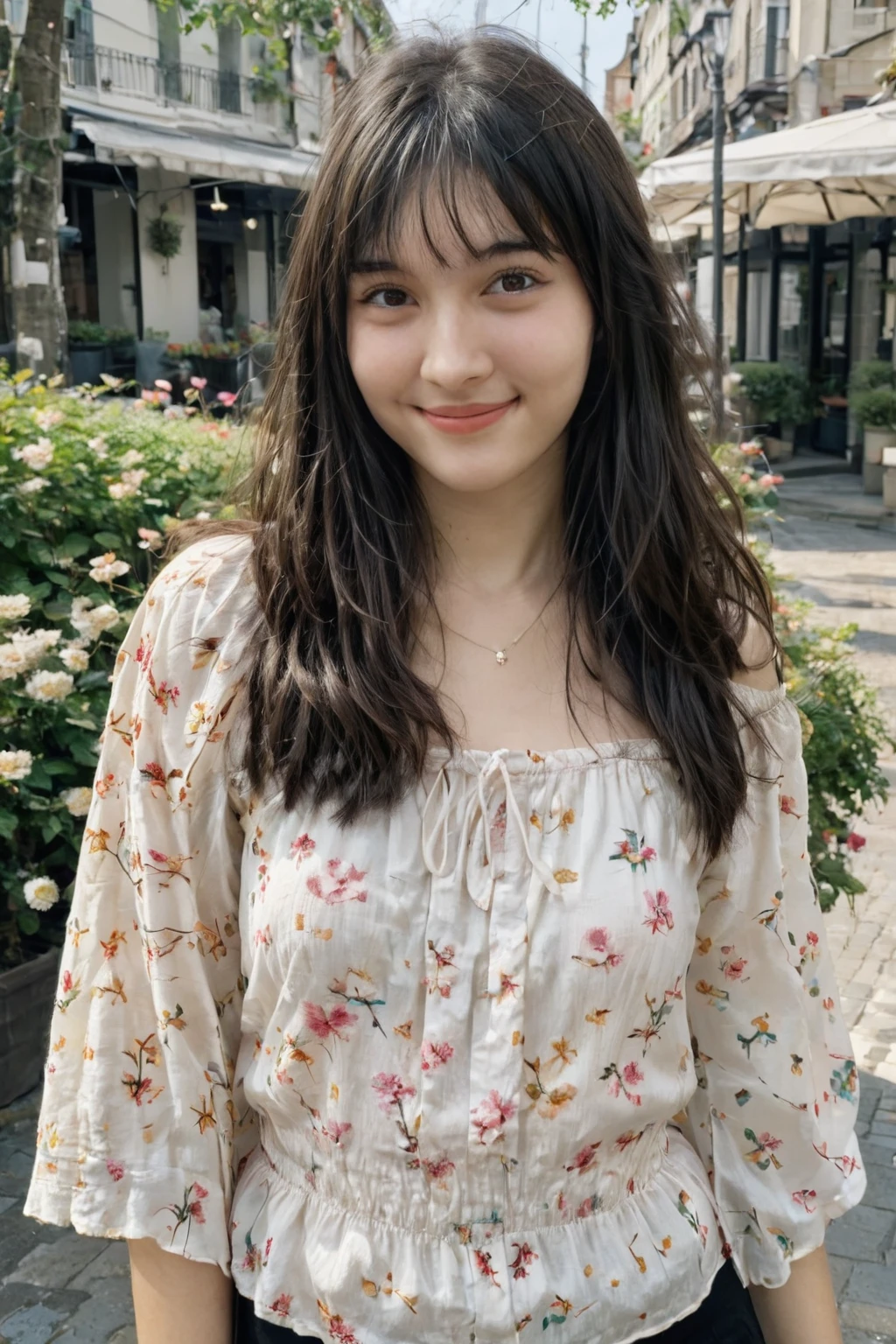 A high-resolution, wide angle shot, 4K portrait of a beautiful 20-year-old woman with a happy smile, detailed skin, and clear eyes. 
She has long, messy black hair with bangs and dark brown eyes with slight dark circles, looking at viewer. 
The image features natural, soft lighting with a low contrast and film grain effect. 
She has perfect shaped medium breast. 
She is dressed in Floral Print Off-the-Shoulder Peasant Blouse
Description: A floral print off-the-shoulder peasant blouse with elasticized neckline and sleeves. The flowy, loose-fitting design is great for a casual day out or a picnic, providing a comfortable yet sexy look.
Accessories: Pair with white high-waisted jeans, tan ankle boots, a brown crossbody bag, and a floppy hat.
Sitting in An outdoor cafe with small tables and chairs set on a cobblestone patio, surrounded by potted plants and string lights overhead. The cafe has a cozy, relaxed atmosphere with umbrellas providing shade and a view of a busy street or a garden. 
The composition emphasizes ultra-detail, sharp focus, and vivid colors, with HDR and UHD quality, capturing a whimsical and dreamy aesthetic with a bokeh background. Looking at viewer