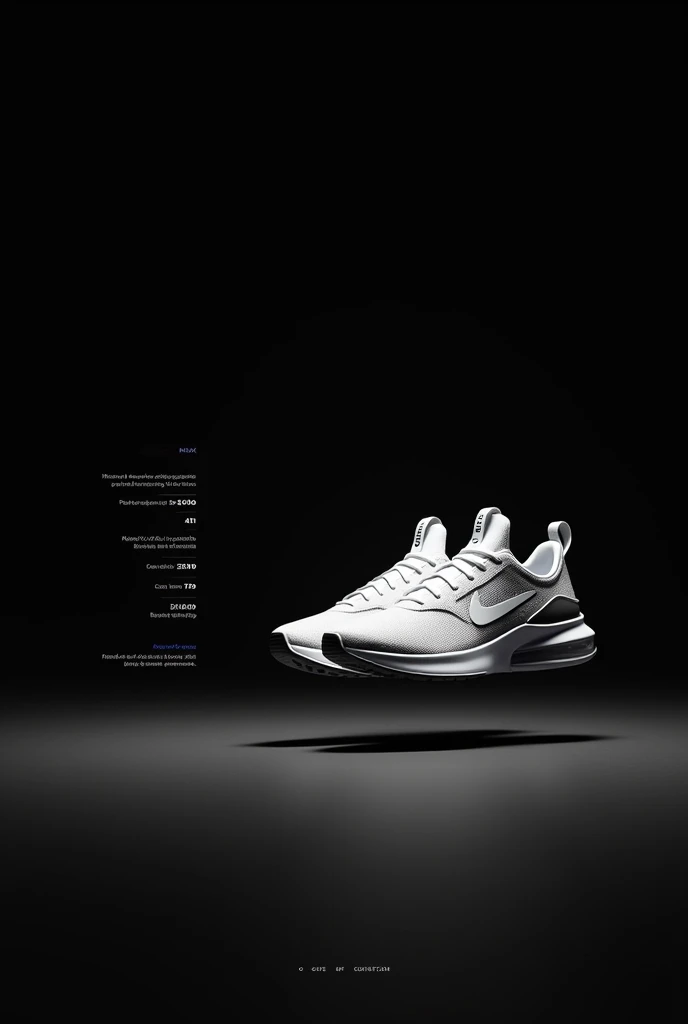 One html page with black ground on this page nike urban max shoes colour white with specification with price and animation play by side means the shoes come from right and his specification comes from left