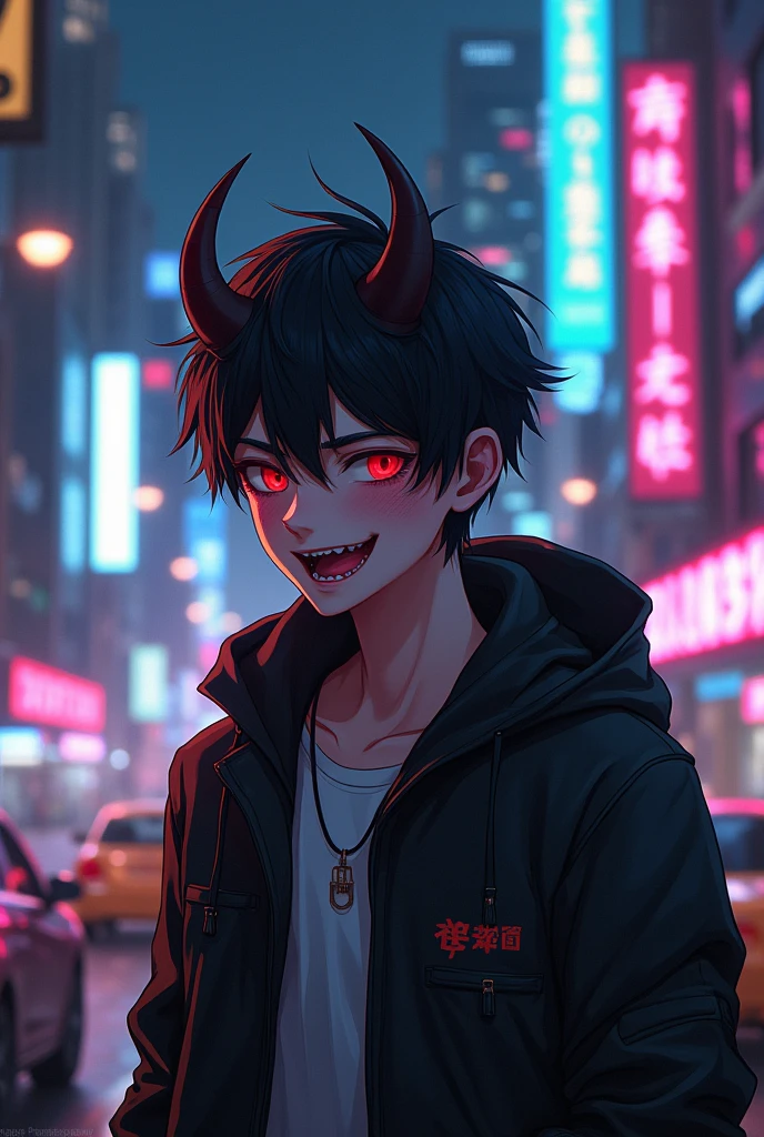 Devil anime boy in city with neon with traffic with Vijay tv pugazh