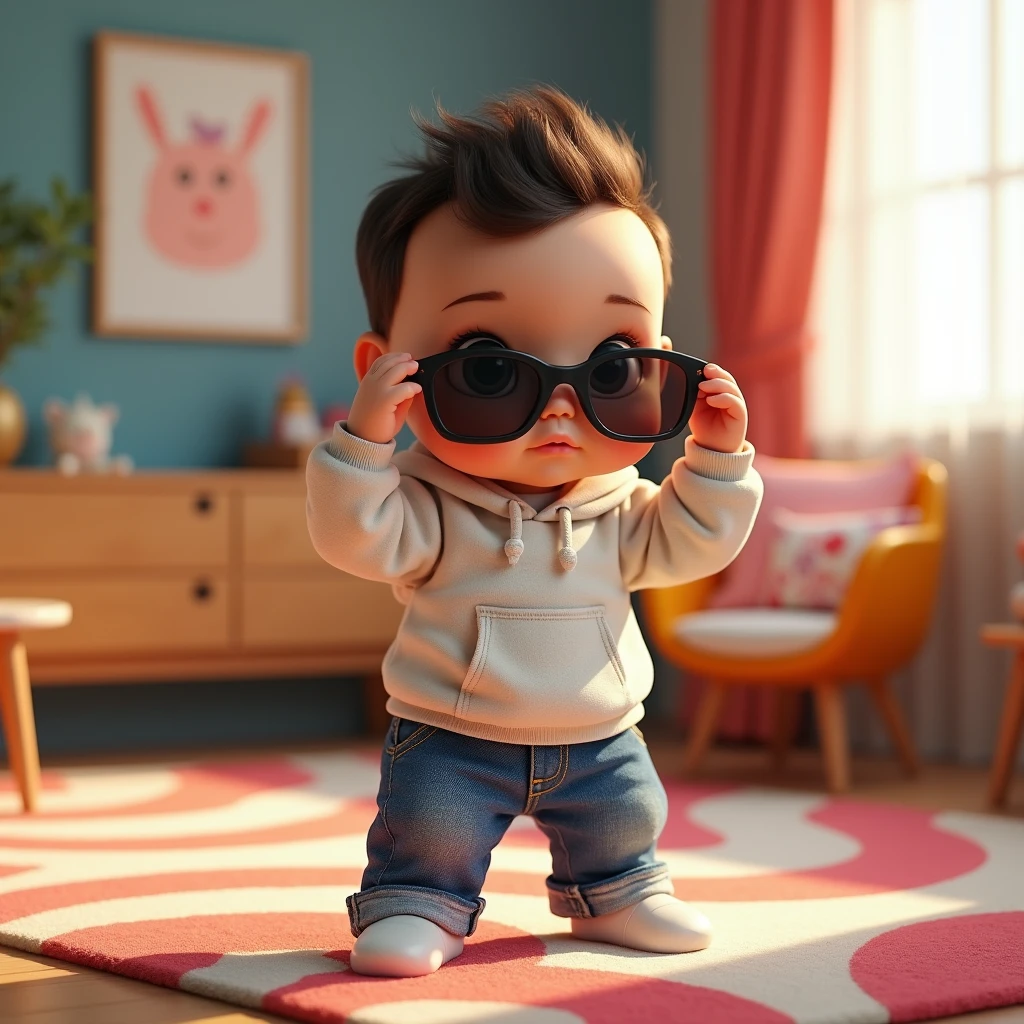 サングラスを外しているイケイケ赤ちゃん: "Draw a lifelike, realistic image of a  wearing trendy sunglasses, caught in the act of removing them with a cool, confident expression. The babydressed in a stylish hoodie and jeans, and the background is a modern nursery with sleek furniture and bright colors, highlighting the baby's sh and laid-back style."