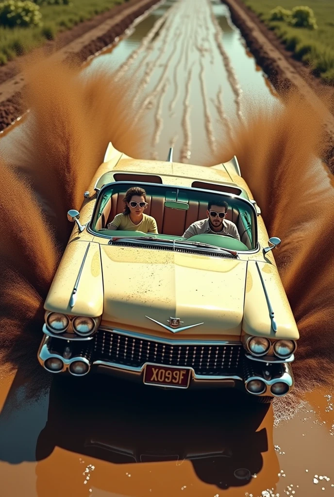 diagonal shot of a 1959 Cadillac Eldorado Biarritz convertible skidding in the mud, there is a girl with sunglasses driving, 16K, ultra detaild