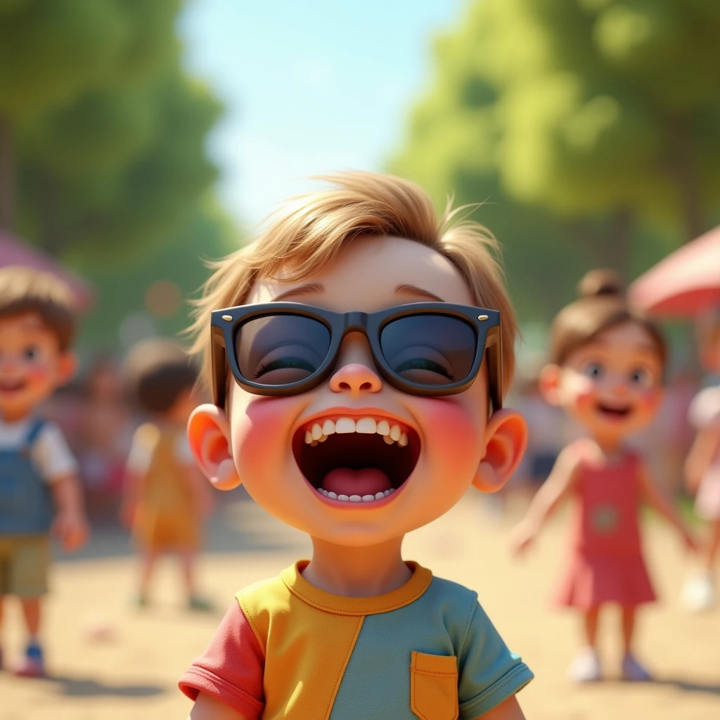 A cool baby laughing out loud: "Create a realistic image of a baby with tiny, stylish sunglasses, laughing heartily with its mouth wide open. The baby is dressed in a fun, colorful onesie, and the background is a lively park with other kids playing and laughing, enhancing the joyful and carefree mood."
