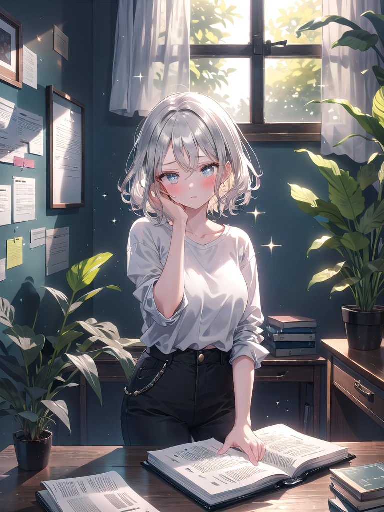 ((8k, Best Quality, Masterpiece: 1.3)), Ultra High Resolution, (One Girl, One Person), (Color Changing Eyes, Super Detailed, Expressive Sparkle, Sparkling, Glowing Eyes), Highly Detailed Eyes,In a modern, stylish living room, illuminated by the warm glow of afternoon sunlight streaming through the window, a girl with short silver hair sits at a desk, completely engrossed in her studies. Her short, smooth silver hair frames her face with soft curls and bangs that gently touch her forehead. Her large gray eyes are sharply angled, creating a severe and intense look. Her expression is strict and focused, with a subtle blush on her cheeks adding a touch of endearing quality. She wears a casual, modern outfit including a loose-fitting shirt and high-waisted trousers. At the desk, she is making notes and reviewing materials from an open book, with study papers scattered around her. The room’s minimalist decor and a few potted plants contribute to a calm and productive atmosphere.