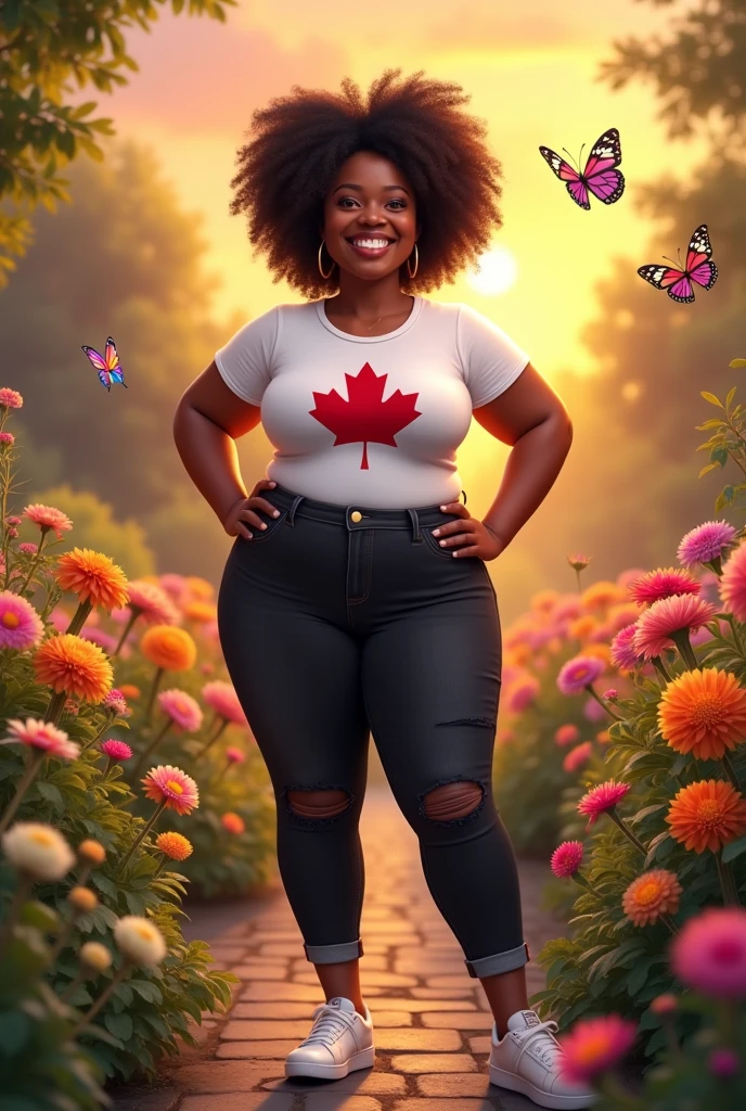 A slightly chubby black woman with curly hair, a white t-shirt with the Canadian flag, black jeans ripped at the knee and sneakers, She is in a garden full of flowers with the sunset in the background around her full of colorful butterflies