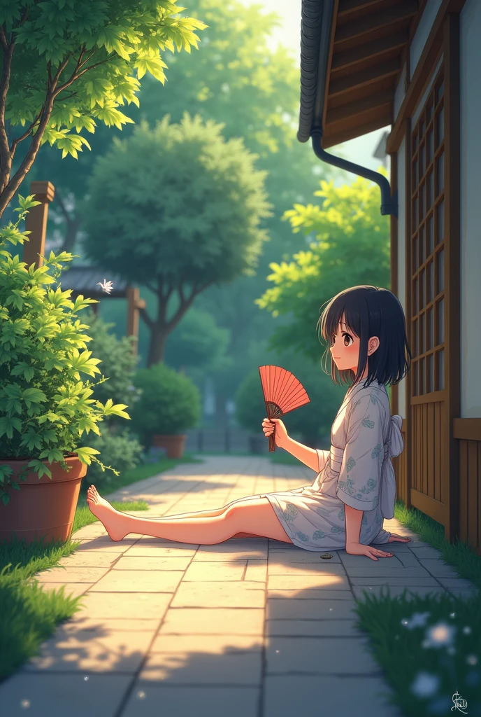 Ghibli style House patio floor Sit down with your legs stretched out A girl in a pure and romantic yukata Cooling off with a fan Summer evening