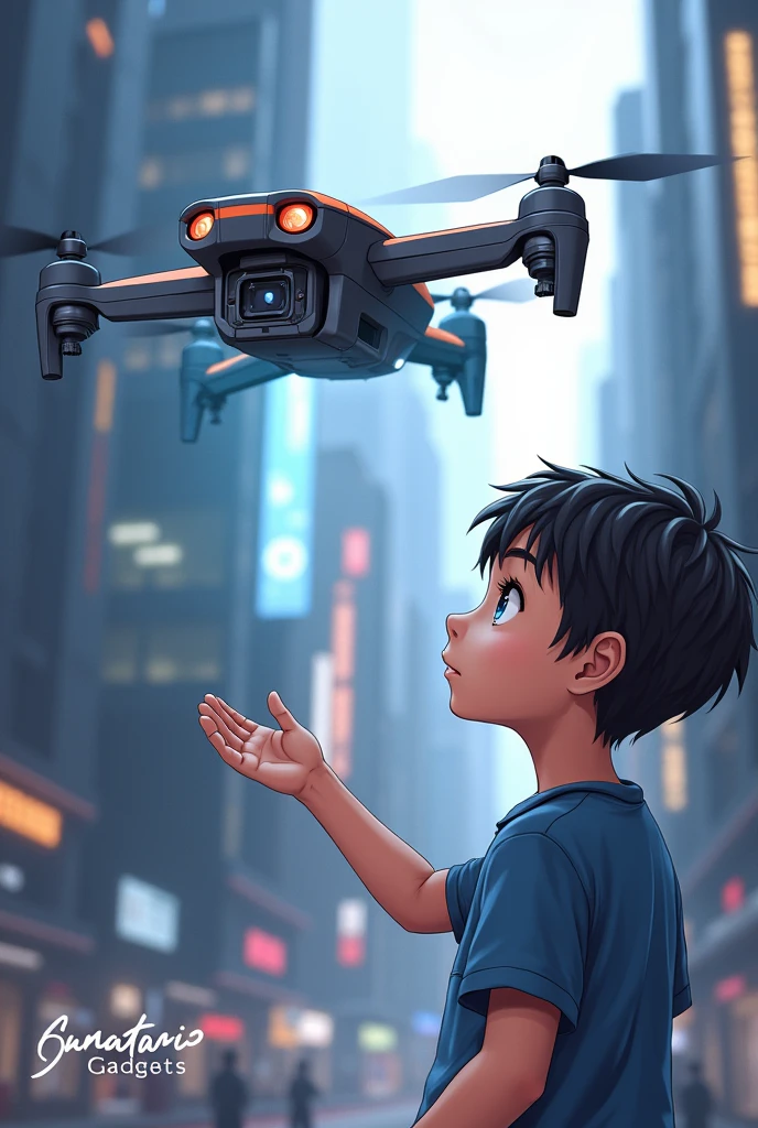 A Boy raising his hand halfway to a drone. Make the background a little bit Technological The drone is little bit close to him. Make this in 2D anime style. Put a stylish text on the photo "Siamation Gadgets " on bottom corner. Put the text a little upper