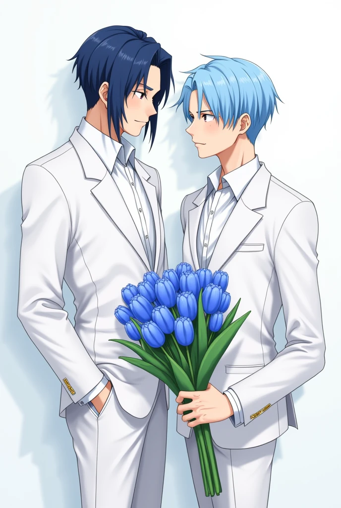 Create an anime one piece type image, with two men dressed in white suits, the tallest man who has navy blue hair down to his ears and the other light blue hair and who has a bouquet of blue tulips