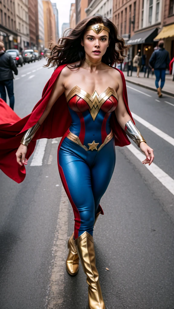 superheroine wonder woman short hair color red white skin color big breast muscular wearing a tight blue jumpsuit with red stripes flying with a white cape boots color golden scene in the middle of the city