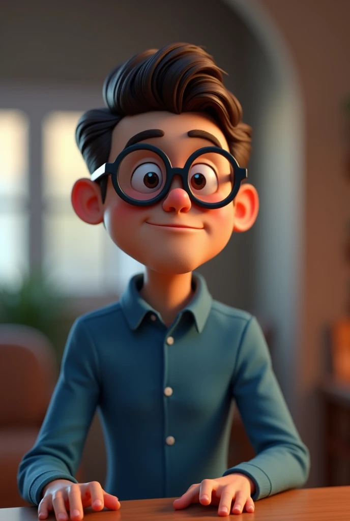Cartoon character of a man in black glasses and blue shirt, an animated character, stylized character, animation style rendering, 3d stylized, Arnold Maya rendering, Stylized 3D rendering, toon render screenshot, 3d character, 3d character, Stylized 3D rendering, 3D character rendering, cartoon character, Personagem de close up, character posing, (Pixar-style) (master part:1.2) (bokeh) (best qualityer) (skin detailed) (detailed texture) (8k) (Argilla) (cinematic lighting) (sharp focus,Sit down and lift your upper body