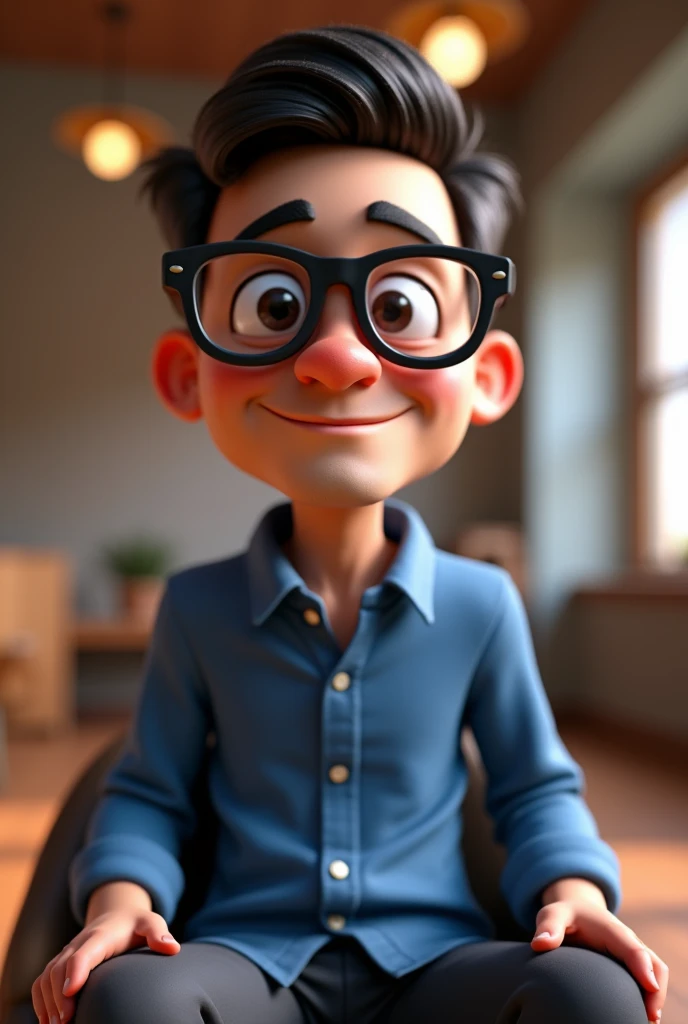 Cartoon character of a man in black glasses and blue shirt, an animated character, stylized character, animation style rendering, 3d stylized, Arnold Maya rendering, Stylized 3D rendering, toon render screenshot, 3d character, 3d character, Stylized 3D rendering, 3D character rendering, cartoon character, Personagem de close up, character posing, (Pixar-style) (master part:1.2) (bokeh) (best qualityer) (skin detailed) (detailed texture) (8k) (Argilla) (cinematic lighting) (sharp focus，Sit down and lift your upper body