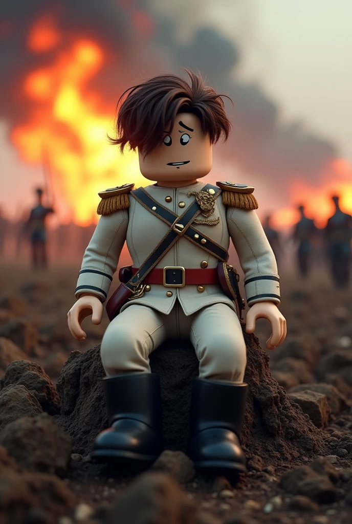 A roblox character in a napoleonic wars wearing white soldier uniform, sitting down exhausted and tired fighting shady eyes while the background is still chaotic in war