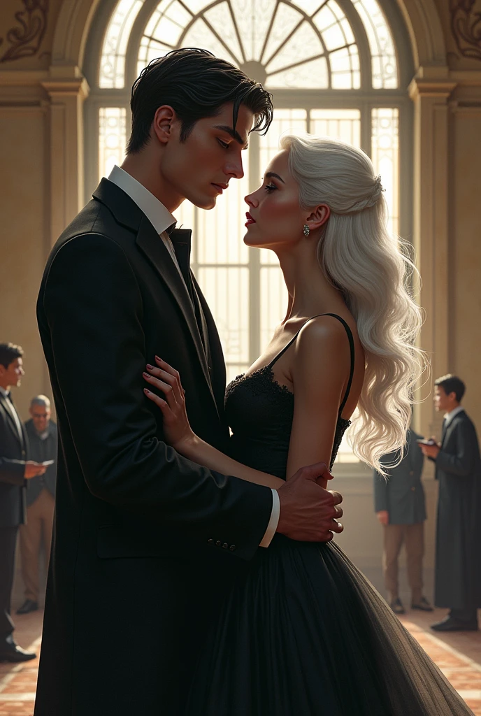 Tall guy in school、Beautiful woman with white hair