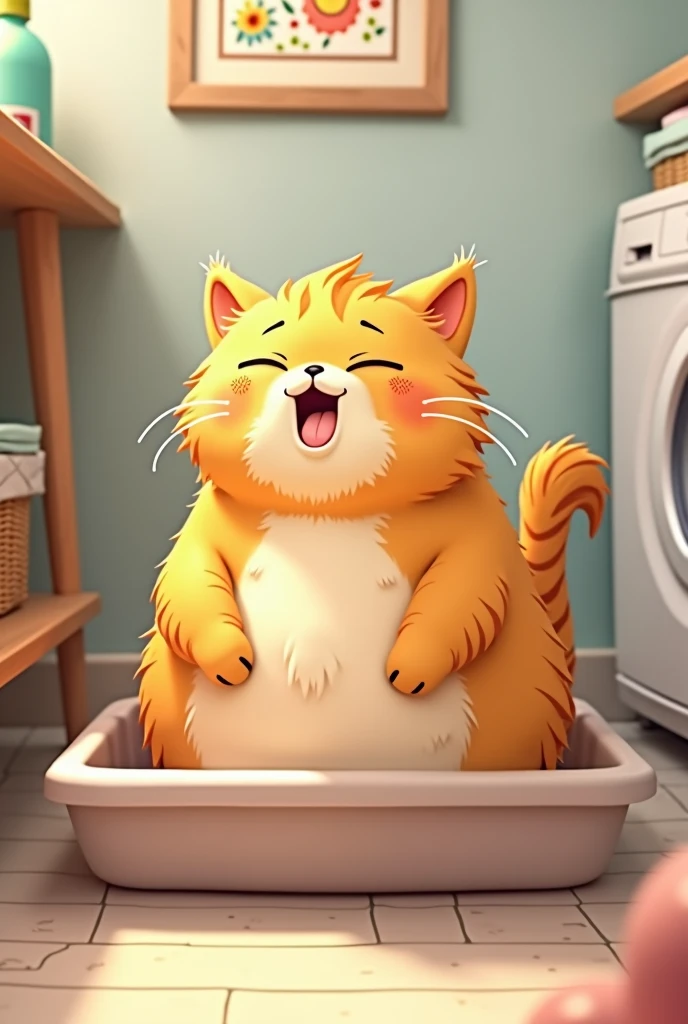 Happy cat using litter box