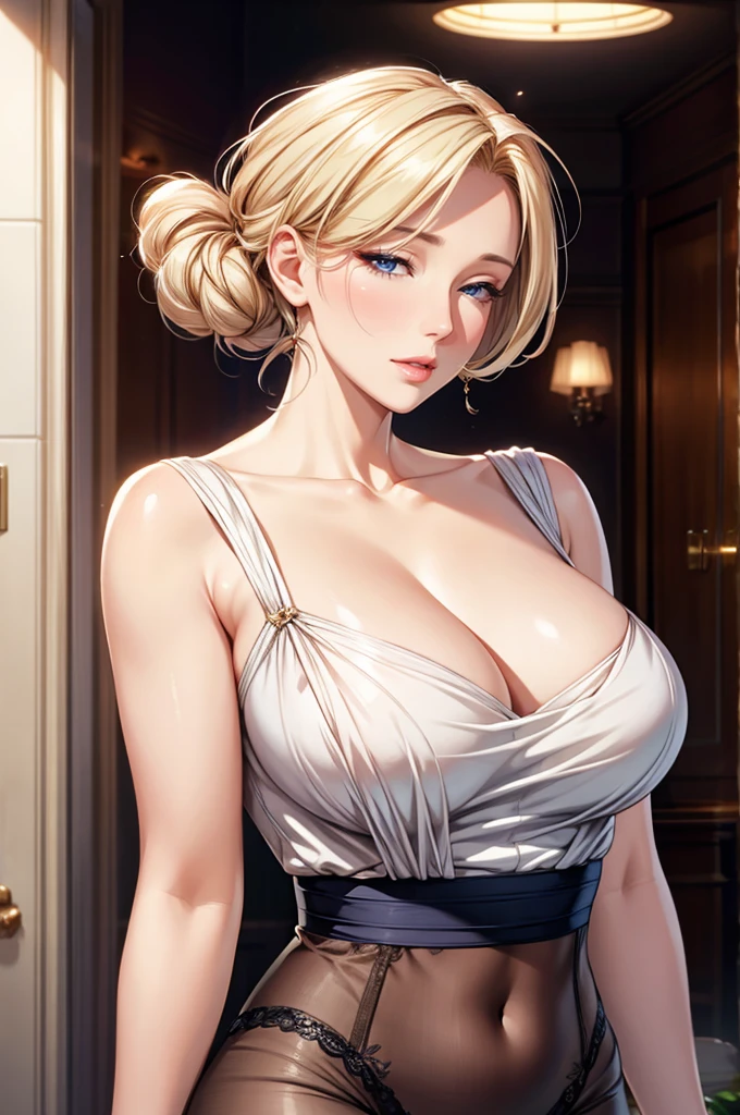 Realistic, Elegant mature woman, , blush, blue eyes, Blonde, Soft Light, 4K resolution, high quality, Beautiful CG
