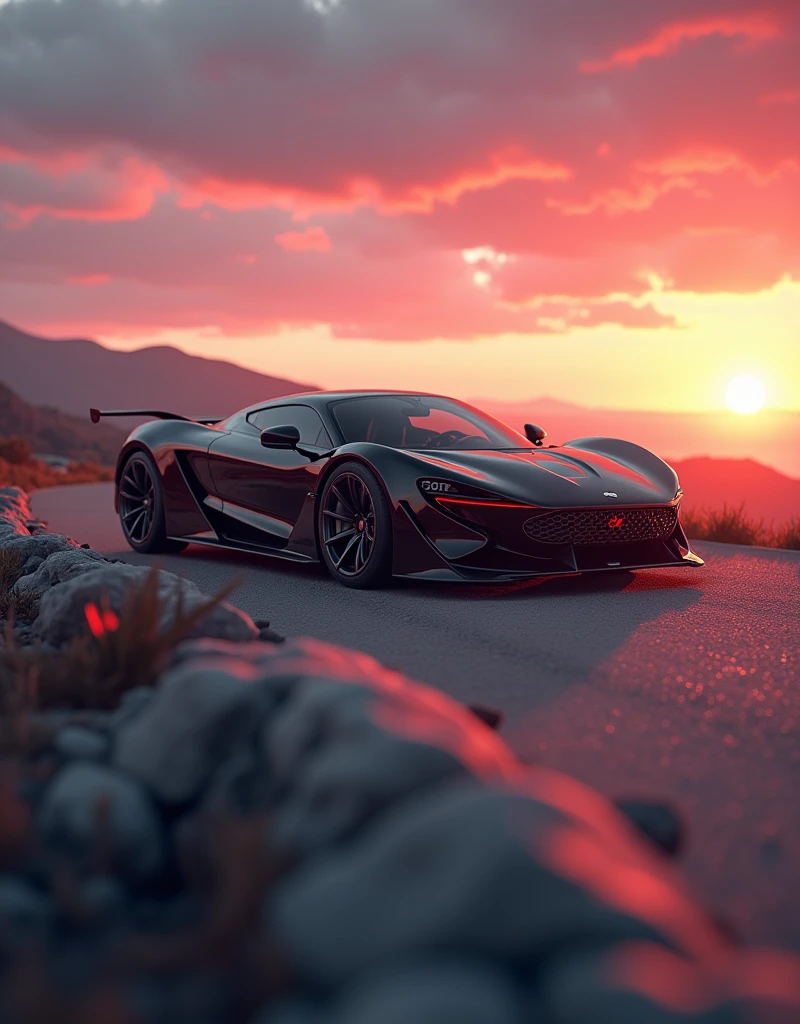 Camera view in 3/4 angle (45 degrees). Highlights include the panoramic sunroof, interior design and sports seats in beige synthetic leather with the initials “ALP” written in carmine red embroidery on the headrest. | Natural light with a magnificent pink-orange sunset in the outdoor environment. Infinity"