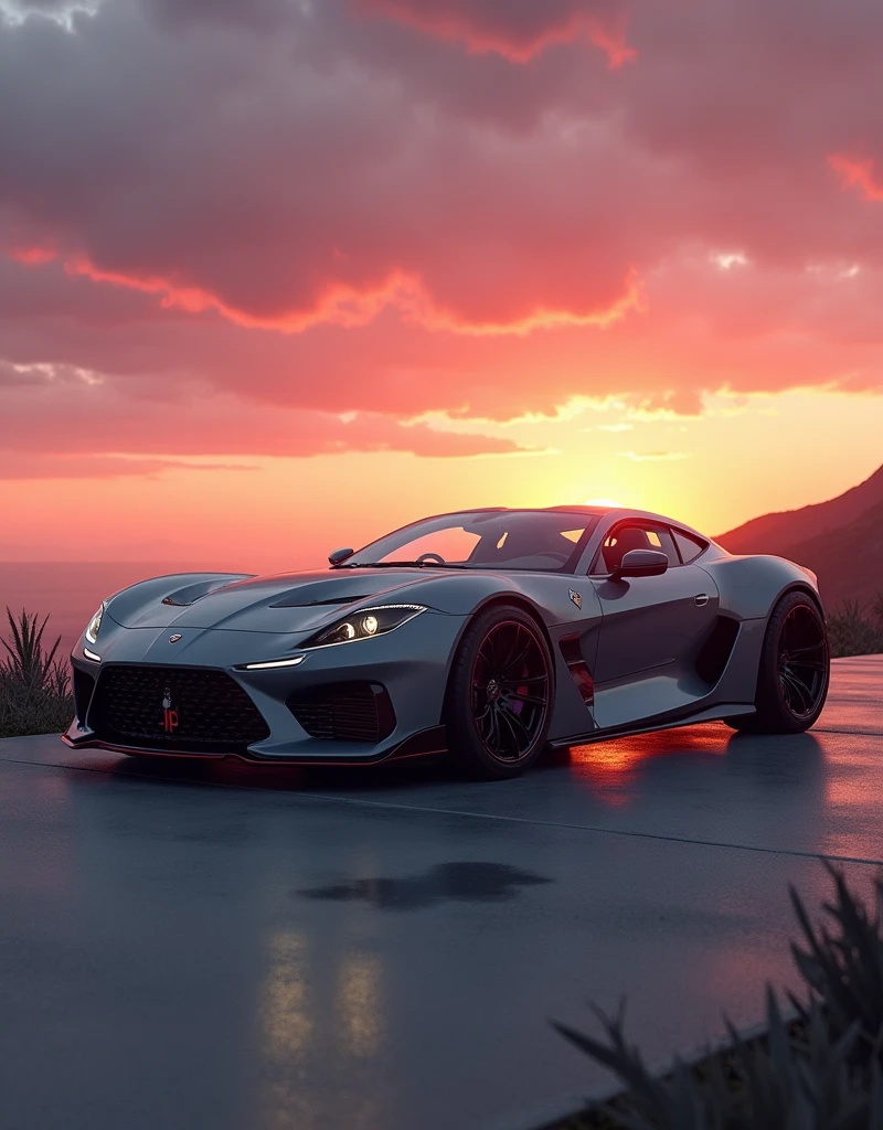 Camera view in 3/4 angle (45 degrees). Highlights include the panoramic sunroof, interior design and sports seats in beige synthetic leather with the initials “ALP” written in carmine red embroidery on the headrest. | Natural light with a magnificent pink-orange sunset in the outdoor environment.  Infinity"   