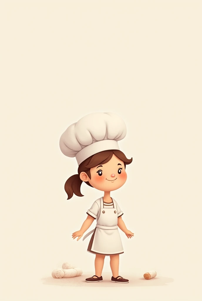 Minimalist cartoon of a woman pastry chef, looking calm, smiling and happy. Its appearance is small and cute.. With a ponytail in her hair