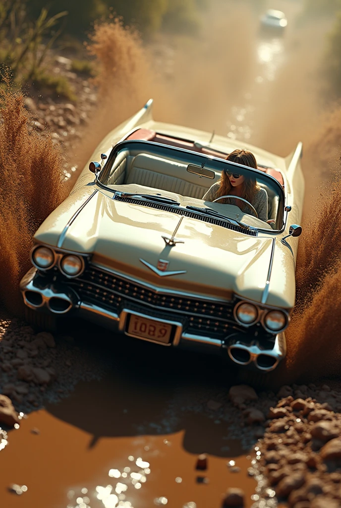 diagonal shot of a dirty 1959 Cadillac Eldorado Biarritz convertible skidding in the mud, there is a girl with sunglasses driving