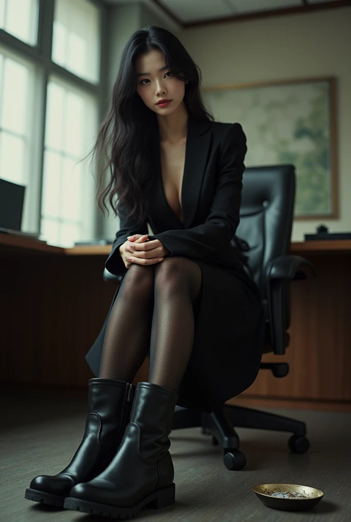 A beautiful chinese girl, detailed facial features, black hair, sitting with crossed legs, black dress, cross legs, office settings, secretary, legs in dark pantyhose, view from below, bottom shoe sole visible, Bottom of shoe dirty. Wearing boots. Camera looking up. Spitting to an ash tray. Smoking