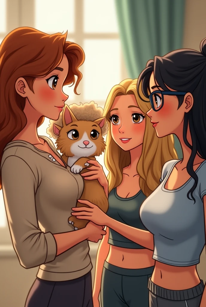 Animated image of four women together, which are one with wavy copper hair, white skin and brown eyes with a cat in her arms, another with curly blonde hair, white skin and brown eyes dressed as a teacher, another with long straight blonde hair with sportswear, white skin and black eyes and the last one with long black hair with glasses, white skin and brown eyes. 