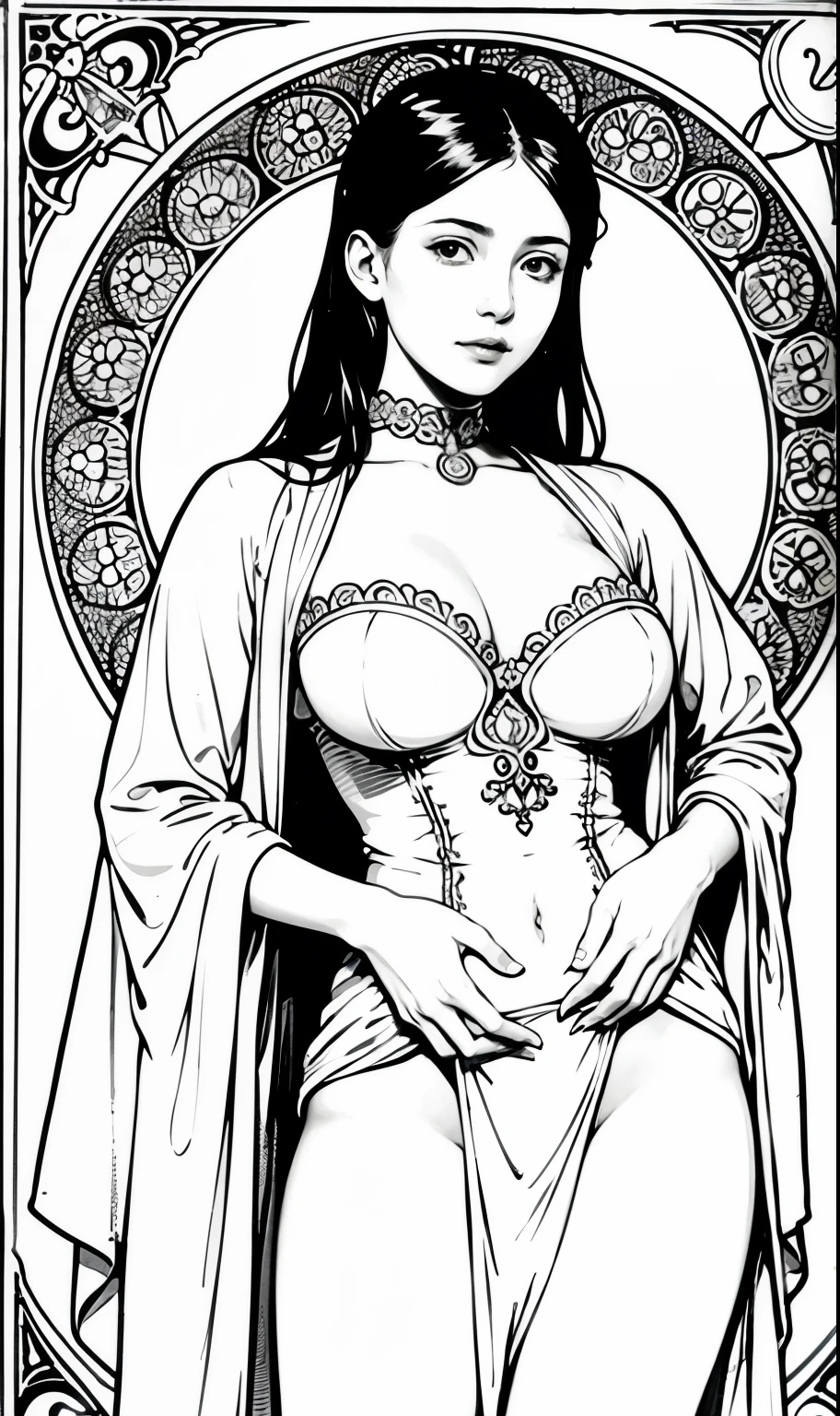 Pursuing their dreams, Coloring Book Page Line Art, All-white background, whole body,barefoot,((Use only contours, Line Art, Coloring Book, Clean Line Art)), Open long skirt,Charming and fit curves((Large Breasts)),Mandala,wreath,Anti-counterfeiting texture pattern, Simple and clean Line Art, Coloring Book page, Decorated in Art Nouveau, With Alphonse Mucha's brush, Perfect details, real, White hair,Background pattern with closed edges