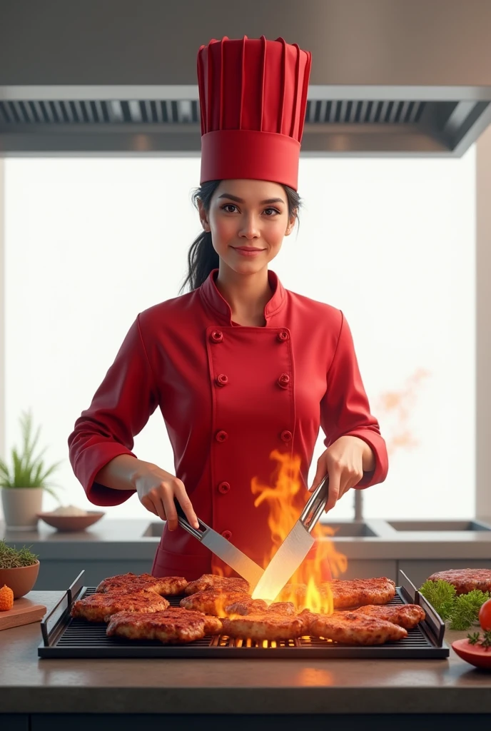 Please make a realistic female chef who is grilling meat. She is wearing a red chef uniform and chef hat,Background is white