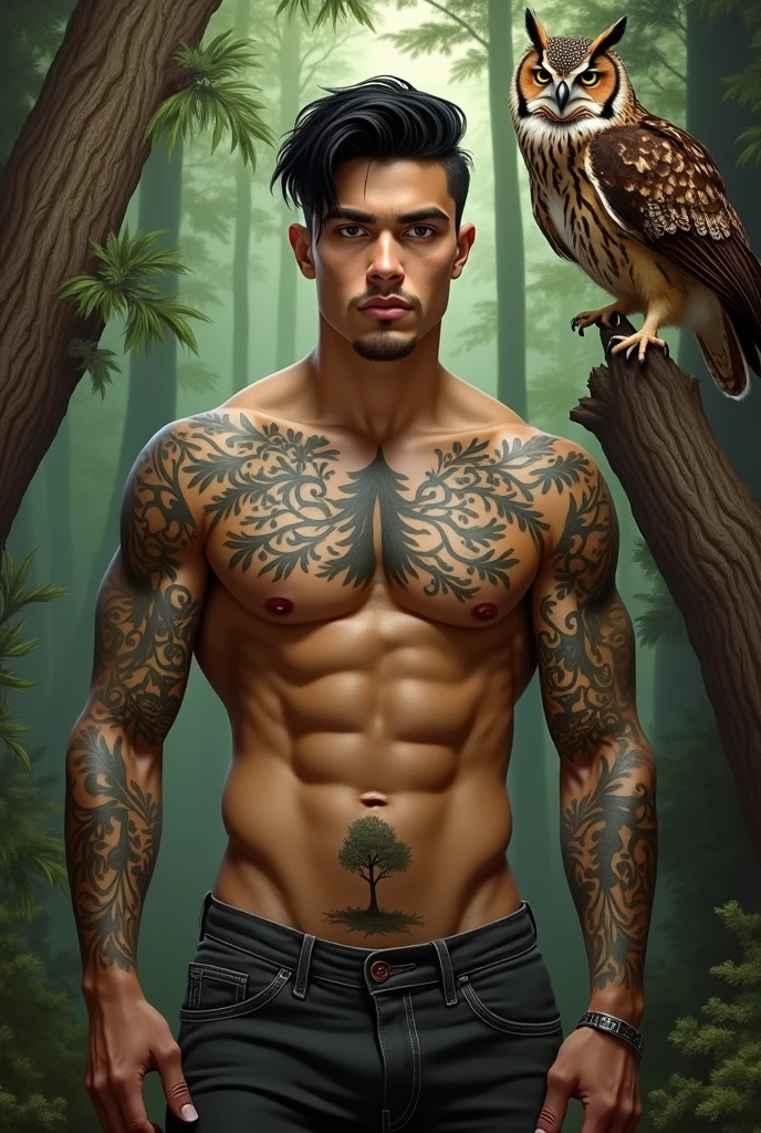 2 light brown man, green eyes, Black hair in a medium-length cut with tattoos on the arms, a forest on the left side and an owl on the right and a tree on the abdomen