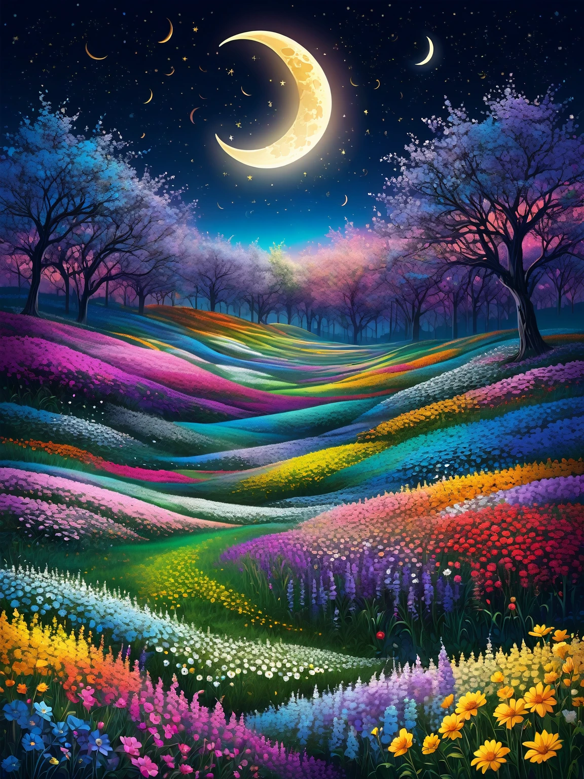 field of flowers of different types and many colors. On a star-filled night, the crescent moon magically illuminates the scene.. Super detailed image of very high quality. Very vivid saturated colors. More realistic interpretation of the crescent moon.