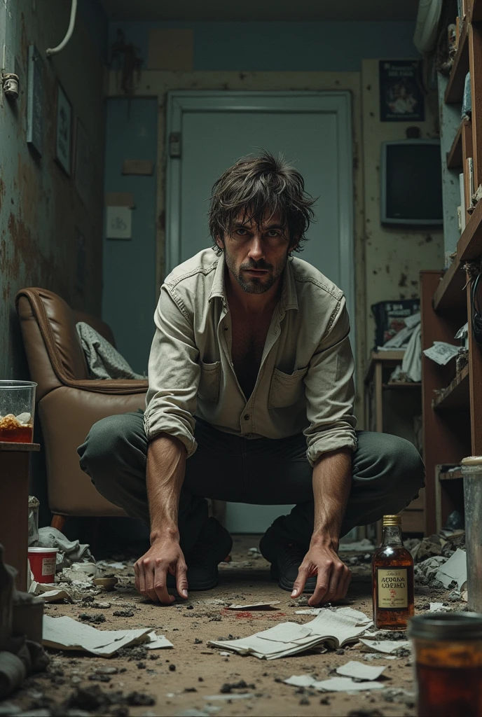 Image of a 30-year-old man in a messy house


