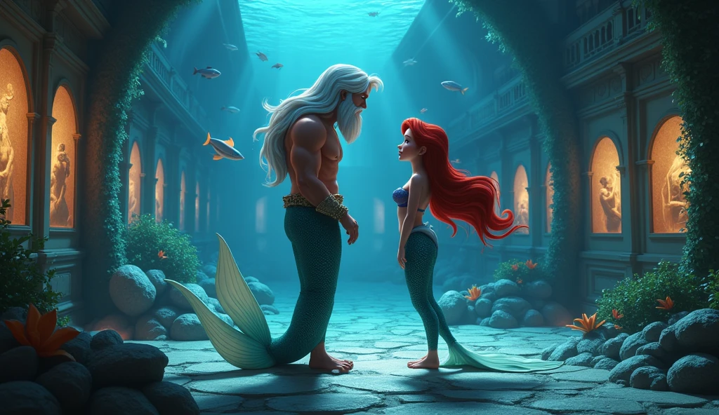 King Triton talking to his mermaid daughter Ariel, inside a museum under the sea