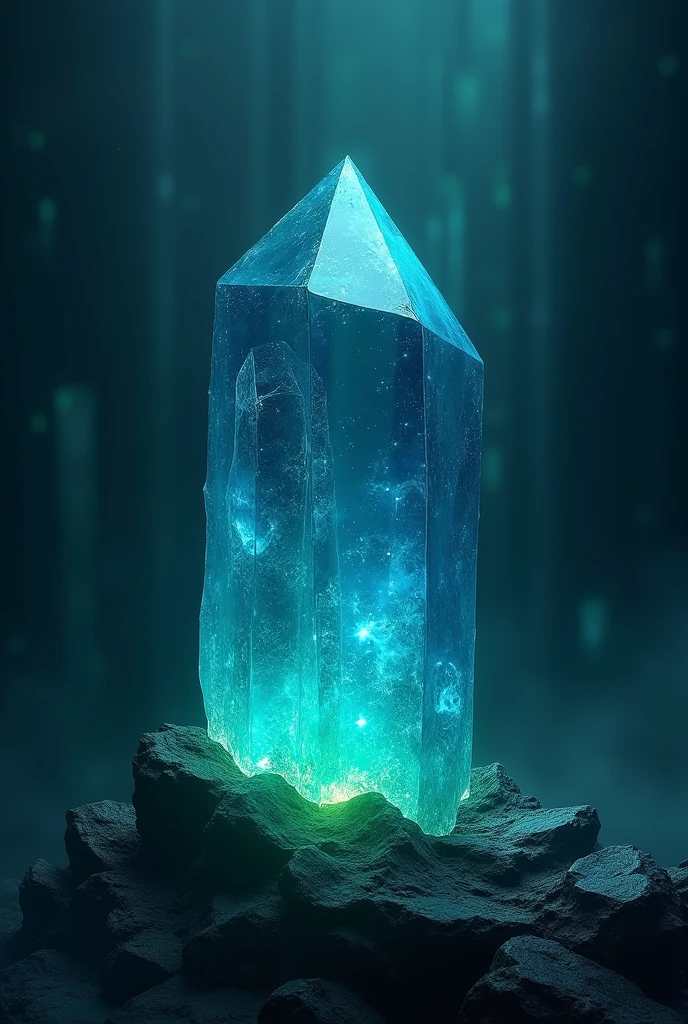 A striking crystal with blue and green tones surrounded by darkness on a stone that is in a landscape format