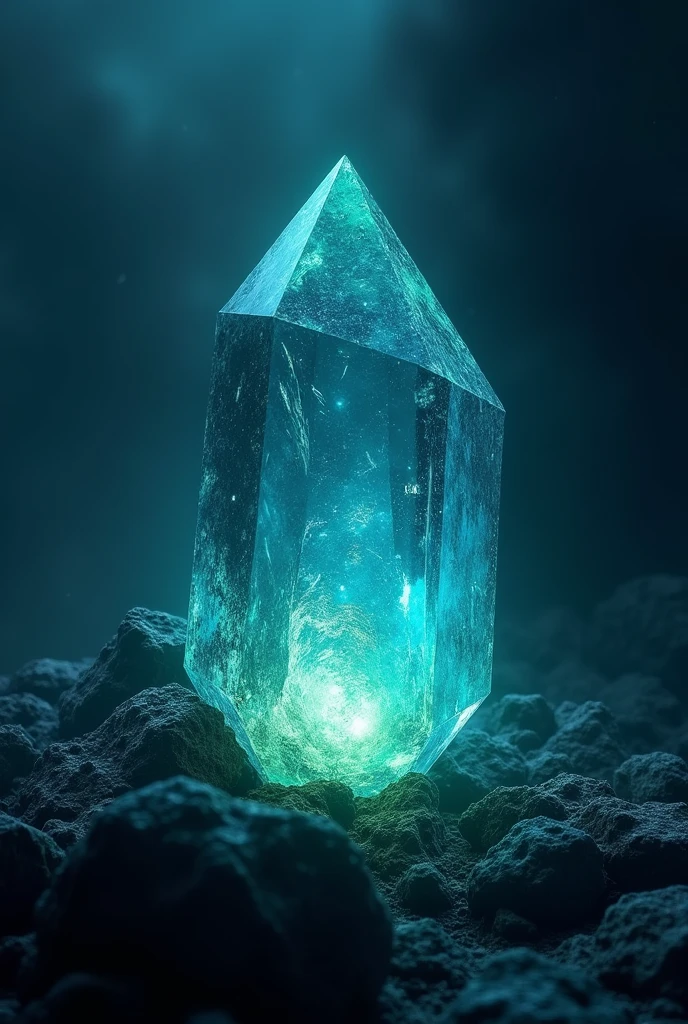 A striking crystal with blue and green tones surrounded by darkness on a stone that is in a landscape format