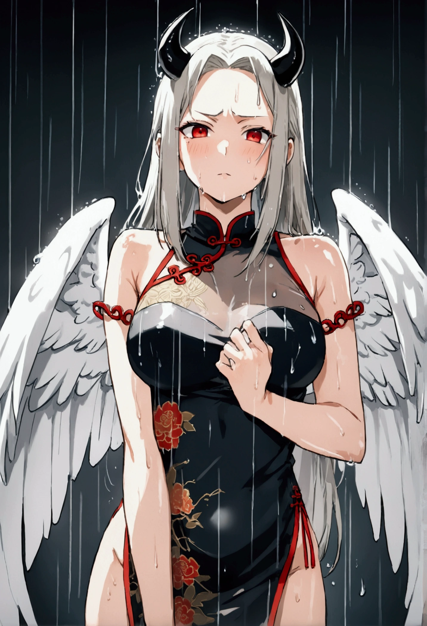 (8k, Highest quality, Manga style, View your viewers, Intricate details:1.3),(One woman, Tsunade from naruto, ２Demon horns in the book, Multicolored Hair, Long Hair, Red eyes, Gray Hair), (Six alternating white angel wings and black devil wings:1.3), (China dress, See-through, Sweating, Full body portrait, Being hit by rain, Soaking wet)