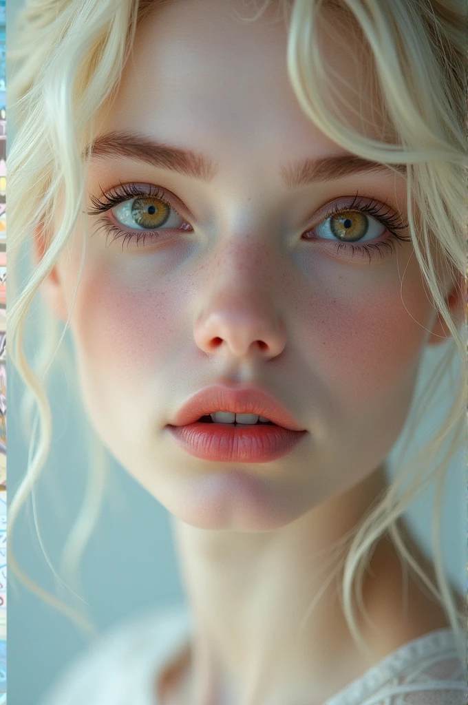 create a fair-skinned woman that contrasts harmoniously with her brown eyes, that shine with a captivating intensity. the hair is blond and looks almost white. eyebrows so light they almost blend into your skin