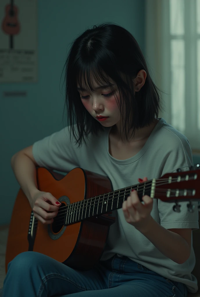 20 year old girl playing guitar, sweaty and sad face