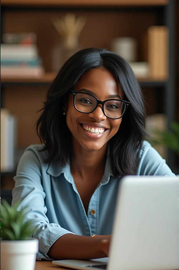 Creating a black woman who sells products on the internet as an affiliate, straight and short hair, Smiling and wearing glasses 